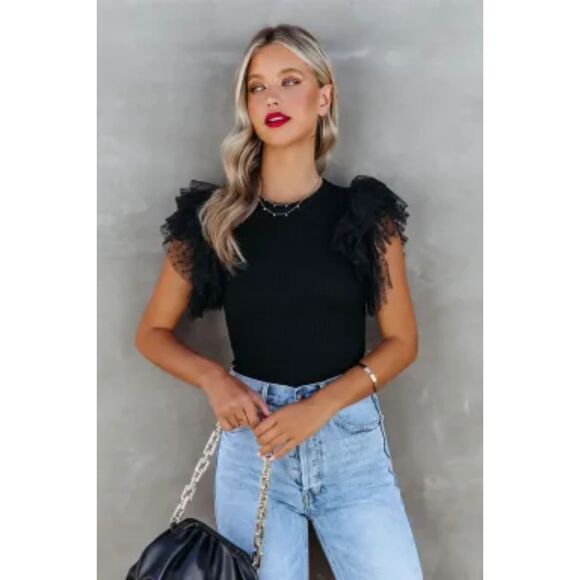 SHEWIN WOMEN BLACK DOTTY LAYERED RUFFLE SLEEVE CASUAL RIBBED KNIT TOP - Picture 2 of 4